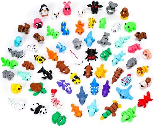 VZZNN 64pcs Mini 3D Printed Animals Bulk, 3D Printed Articulated Flexible Fidget Toy, Cute Little Animal Figurines Toy for Kids and Adults, Office, Desk, Party Favors, Decor