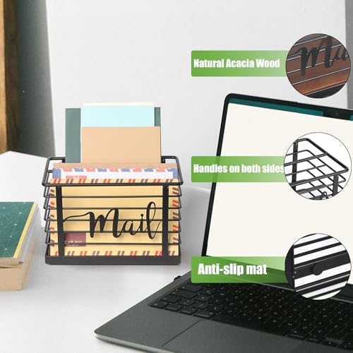Mail Holder, Acacia Wood & Sturdy Metal Mesh Letter Caddy,2-Slot Desktop Organizer for Desk Home Office