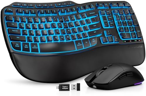 SABLUTE Ergonomic Wireless Keyboard and Mouse Combo, Rechargeable 4000mAh Backlit Keyboard with Soft Faux Lambskin Palm Rest, Wave Keys for Natural Typing, Compatible with Windows/Mac/Chrome OS