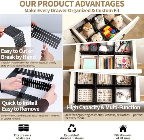 Adjustable Drawer Dividers, Cut-to-Fit DIY Organizers, Black, 8 Pack