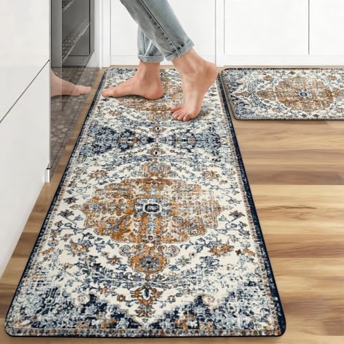 Boho Kitchen Mats, 2PCs, 17.3"x47"+17.3"x29", Dark Blue & Orange