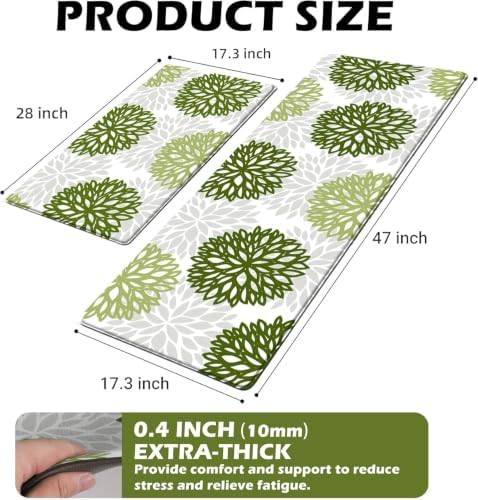 Kitchen Mats Set of 2 Cushioned Anti Fatigue Kitchen Rugs Non Slip Waterproof Kitchen Runner Memory Foam Kitchen Floor Mat Comfort Standing Mat for Sink,Office,Laundry, Green
