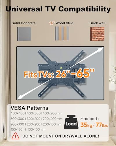 FORGING MOUNT Corner TV Mount with 25.6" Long Arm,Portrait Vertical Full Motion TV Wall Mount Swivel Tilt Articulating Arm Wall Mount Bracket for 26-65“ Screens,Load 77lbs,VESA 400x400mm,Fit 16" Stud