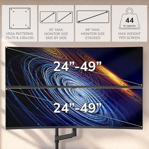 Mount-It! Dual Ultrawide Monitor Desk Mount for 17–49” Screens, Height-Adjustable Stacking Arms with Pole, Heavy Duty Gas Spring, Full Motion, VESA 75/100, Clamp or Grommet