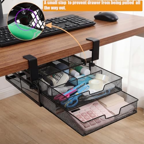 Cedilis Under Desk Drawer Organizer Slide Out, 2-Tier Metal Under Table Storage Drawers Clamp On for Home Office, Black, No Drilling