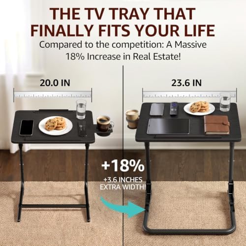 NUTIKAS Folding TV Tray Table - Adjustable Height Sofa Side Table, Wooden Portable Trays for Eating On Couch, Laptop Stand with Cup Holder, C Shaped Foldable Desk