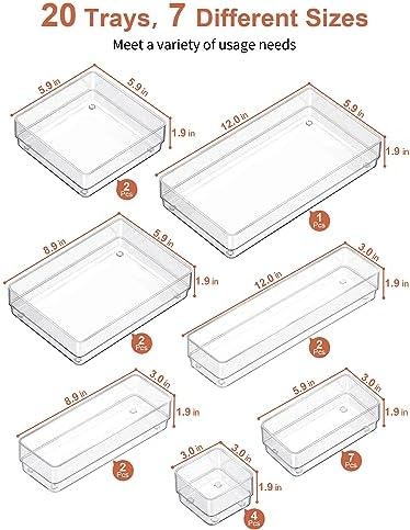 SMARTAKE 20-Piece Drawer Organizer with Non-Slip Silicone Pads, 7-Size