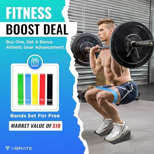 Adjustable Non-Slip Rubber Slant Board for Squats (4PC Squat Wedge Blocks) with 5 Resistance Bands – Heel Elevated Calf Stretcher & Calf Raise Block for Strength Training, Mobility & Balance