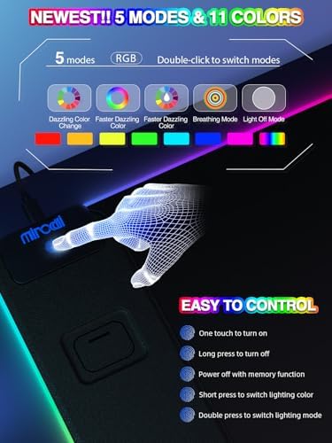 Mouse Pad with 15W Magnetic Wireless Charging, RGB Mousepad for Desk Mat, XXL Desk Pad with 11 Colors 5 Modes, Home Office Keyboard Pad Waterproof Non-Slip for PC Gaming
