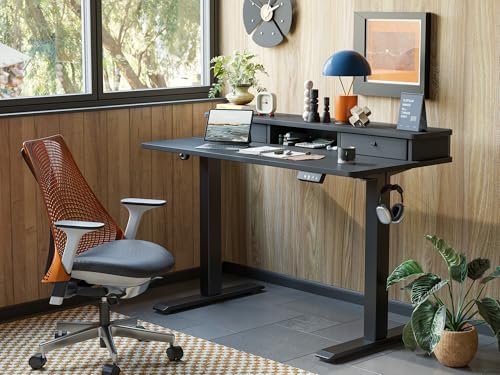 TIQLAB Standing Desk with Two Drawers, Stand Up Standing Desk Adjustable Height, Electric Sit Stand Table with Storage Shelf and Splice Board, 55 * 24 inch, Black