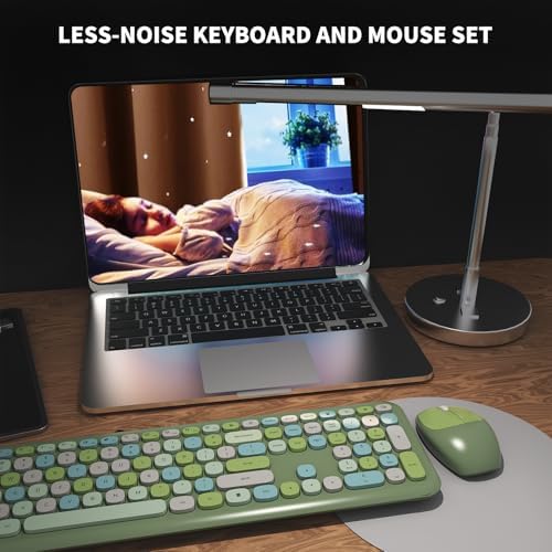 Wireless Keyboard and Mouse Combo, Colorful Ergonomic Full Size Retro Low-Noise Keyboard with Cute keycaps, Compatible with Windows, PC, Perfer for Home and Office Keyboards (Green)