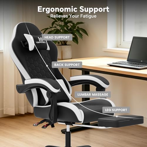 Gaming Chair, Computer Office Chair with Footrest, Adjustable Height & Backrest Gaming Chairs with Swivel for Adults, High Back PU Leather Ergonomic Chair with Lumbar Support, Blackwhite