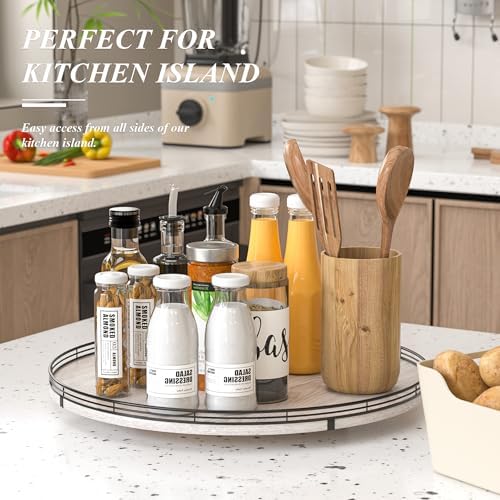 AMH 21-Inch Whitewashed Farmhouse Wooden Lazy Susan Organizer