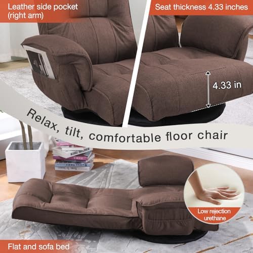 Ergonomic Swivel Floor Gaming Chair with Armrests & Side Pockets, 6-Position Reclining Sofa Bed, Foldable Padded Lounger with Thick Cushion & Lumbar Support for Esports, Reading, TV Watching, Brown