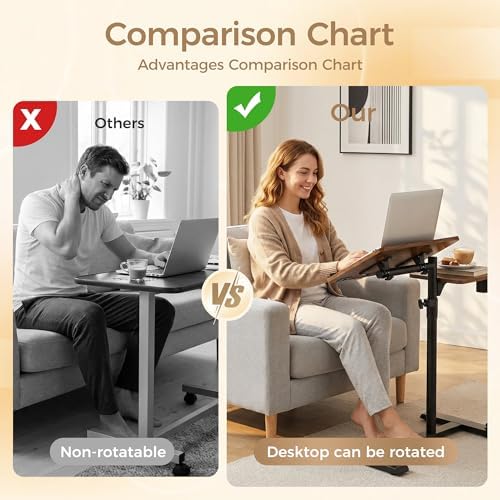 YUHFERA Rolling Table for Laptop Stand, Height and Angle Adjustable Over Bed Table with Wheels, Tilt-Top Laptop Desk for Couch with Cup Holder, Bed Table Tray for Eating (Brown)