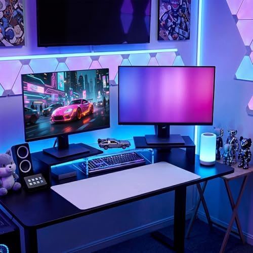 Dual Monitor Riser, Acrylic Monitor Riser, Adjustable Angle & Length Computer Monitor Stand, Wide Desk Shelf for Top of Desk for Home Office_Black Maple Look Small