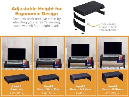 Bostitch Konnect Adjustable Monitor Riser with Drawer & Cell Phone Holder, Laptop Stand for Desk, 4 Height Levels, Cable Management & Rubber Feet