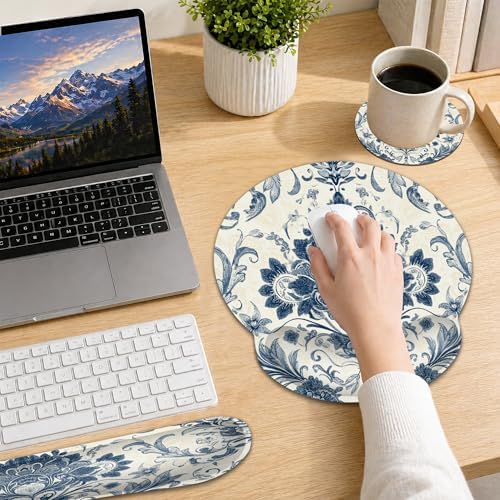 Keyboard Wrist Rest Pad Ergonomic Mouse Pad Set,Vintage Floral Paisley 3 in 1 Memory Foam Mouse Pad with Non Slip Base for Office and Home