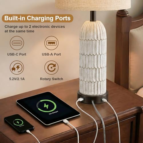 OYEARS 26.5" Bedside Table Lamps Set of 2, Farmhouse Table Lamp with USB A+C Charging Ports,Vintage Nightstand Lamp for Bedrooms and Living Rooms, Retro Resin End Table Lamp with Linen Shade,Black