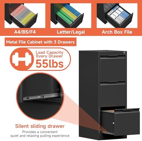 3 Drawer File Cabinet with Lock,Vertical Filing Cabinets for Home Office,Heavy Duty Metal File Cabinet for Hanging A4/Letter/Legal Size File,Vertical File Cabinet 15" W X 17.8" D X 38.3" H-Black