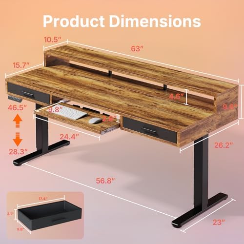 HUANUO 63″ X 26″ Electric Standing Desk with 2 Drawers &24.4″ Large Keyboard Tray, C-Clamp Mount Compatible, Adjustable Computer Desk for Office, Sit Stand Up Desk with 4 Height Presets, Vintage Brown