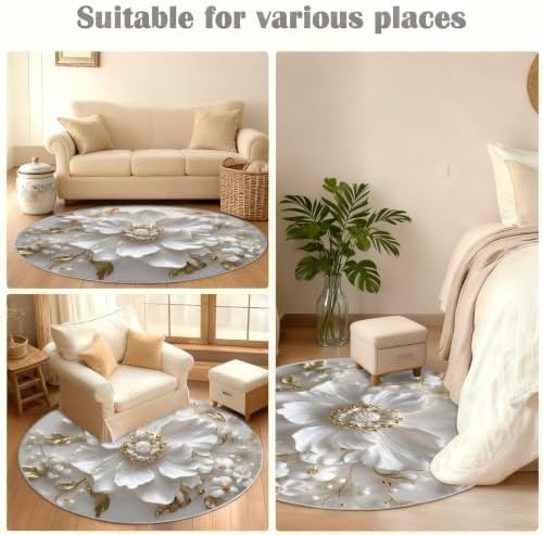Floral Round Area Rug - 5ft Relief Floral Round Rug for Living Room, Modern Luxury Circle Rugs Washable Soft Non-Slip Carpet for Bathroom Bedside Sofa Coffee Table Decor Mat