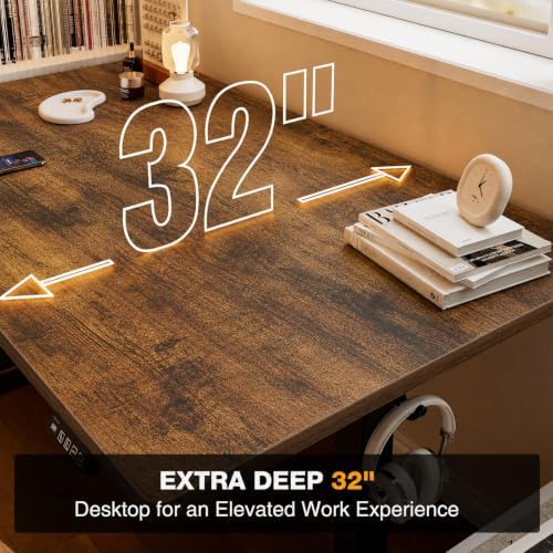 Grandder 55x32 Extra-Deep Electric Standing Desk, Wide Desktop Fits 49" Ultrawide Monitor+Dual Screens, 176 lbs Capacity, 2 Memory Presets, Computer Desk for Home Office & Gaming, Rustic Brown