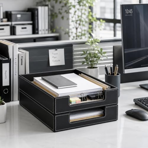 Black Leather Letter Tray, Desk Leather Organizer Tray for A4 Paper, Office Desktop Letter-Size Holder for File, Document, Mail & Magazine
