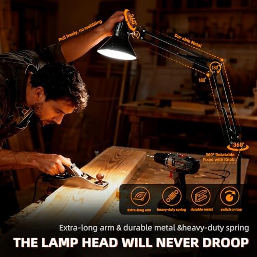 Black Desk Lamp with Clamp, Extra-Tall Adjustable Metal Swing Arm, 3000K
