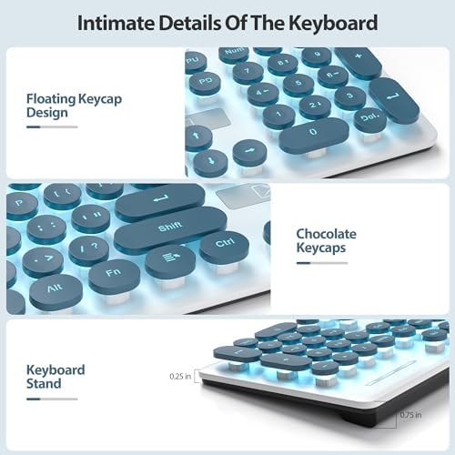 surmen Cute Quiet Keyboard Blue Wired Typewriter Keyboard, Light Up Backlit PC Keyboards with Retro Round Keys Full Size 104 Keys for Office Computer (Blue)