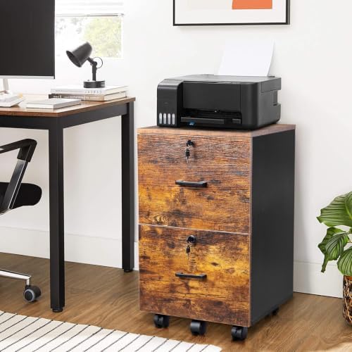 VINGLI 2-Drawer Small Rolling File Cabinet with Lock, Wood Filing Cabinet for Hanging Letter Size Filings with Tabs, Mobile Under Desk File Cabinets for Home Office, Rustic Brown, 27.2" H