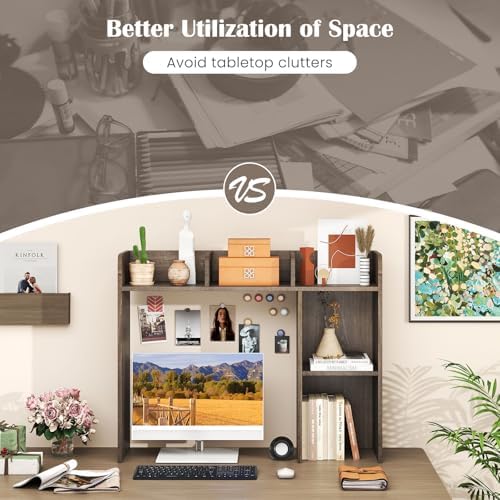 GIANTEX Desktop Bookshelf, Wood Desk Hutch Organizer for 27 Inch Computer Monitor, Countertop Storage Display Rack with 5 Shelves, Multipurpose Desktop Shelf Bookcase for Dorm Office Home (Grey Oak)