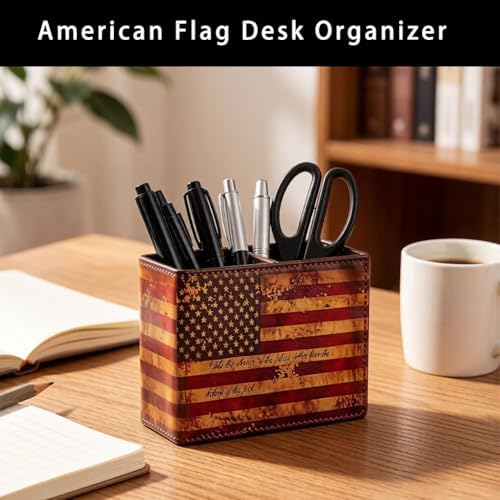 American Flag Desk Organizer, PU Leather Retro Vintage Cool Supplies, Patriotic Decor Pen Pencil Holder Office Home Accessories (USA Flag)