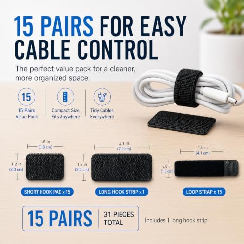 Under Desk Cable Management Ties, 15 Pack