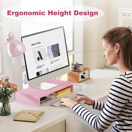 TEAMIX Pink Monitor Riser-20L inch, Wood Monitor Stand for Desk, Sturdy TV/Screen/PC/Printer/Laptop Riser,Computer Shelf with Storage TV Holder for Home Office (Pink, 20 inch)