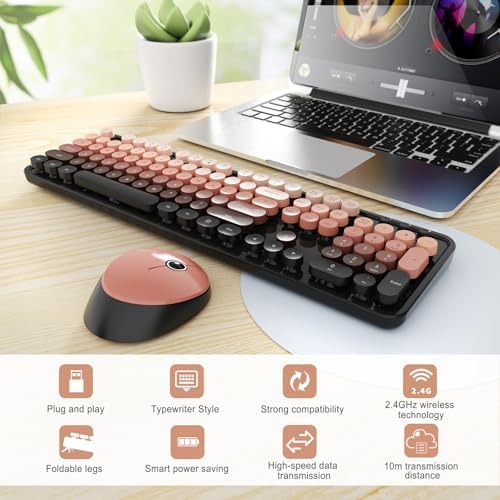 SkyGive Wireless Keyboard and Mouse Combo, Ergonomic Full Size Typewriter Retro Round Keycaps Keyboard, Compatible with Windows, PC, Perfect for Home and Office Keyboards (Aurora Red)