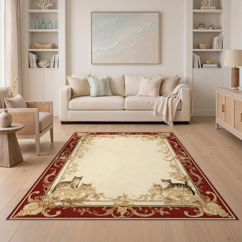 5'x7' Ivory Cat Crimson Motif with Swirls Washable Area Rug