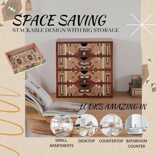 Boho Navajo Wooden Desk Organizer with Drawers – 4-Drawer Desktop Storage Box – Rustic Tribal Wood Desk Organizer for Office, Vanity, or Craft Supplies – Compact & Stylish Wooden Storage Drawers