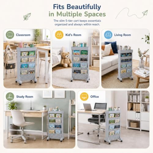 5-Tier Rolling Bookshelf Cart with Wheels, Gray