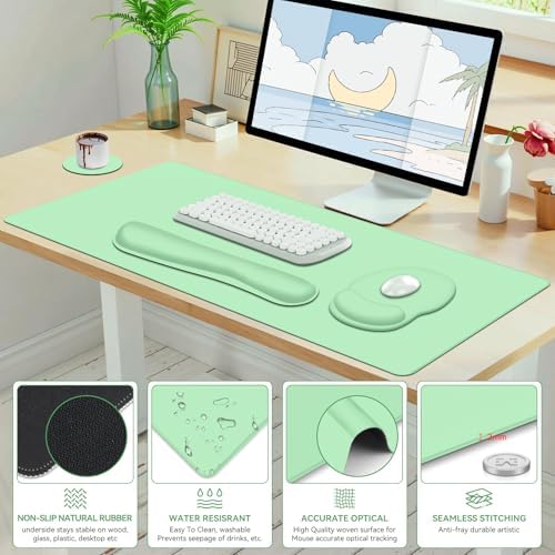 4 PCS Mouse Pad Desk Mat Protector, Keyboard Wrist Rest + Comfortable Mouse Pad with Wrist Rest +Coaster, Large Gaming Mousepad for Computer Laptop, 35.4"X 15.7" Deskpad for Office Home I Light Green