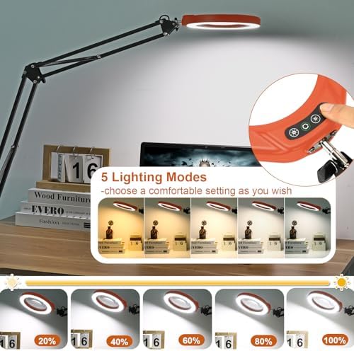 VEEMAGNI 5 Inch Large Real Glass Magnifying Glass with Light and Stand, 5 Color Modes Stepless Dimmable, 2*16 Inch Swivel Arm LED Clamp Desk Lamp, Hands Free 15X Lighted Magnifier for Crafting-Orange