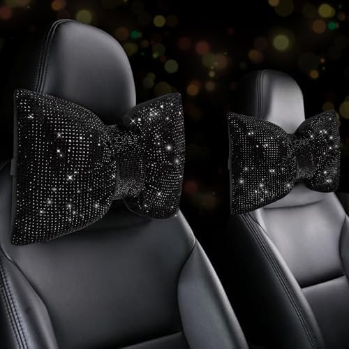 2 PCS Bling Car Pillows,Rhinestones Bowknot Car Headrest Pillow,Black