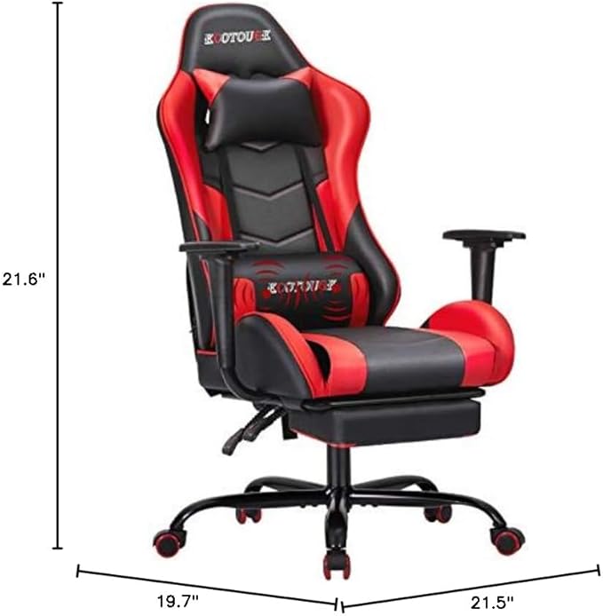 ECOTOUGE PC Massage Gaming Chair with Footrest Ergonomic Office Desk Chair Racing PU Leather Recliner Swivel Rocker with Headrest and Lumbar Pillow,Red