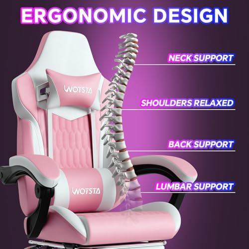 Gaming Chair with Footrest, High Back Gaming Chairs PVC Leather Ergonomic Gamer Chair with Adjustable Headrest Lumbar Support Racing Style Video Gaming Chair for Office/Home (Pink)