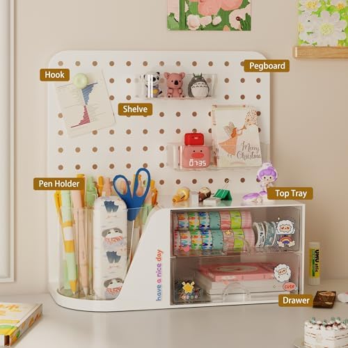 Comix Desk Organizer with 2 Drawer, Beige 360° Rotating Pen Holder for Desk