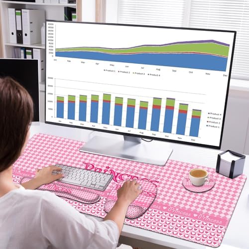 Mouse Pad with Wrist Support 4 in1 Set, XXL Big Game Mousepad + Keyboard Wrist Rest + Mouse Wrist Rest Pad +Coaster Gaming Mat for Home Office Work Computer Laptop I Pink Checkered Princess Girl