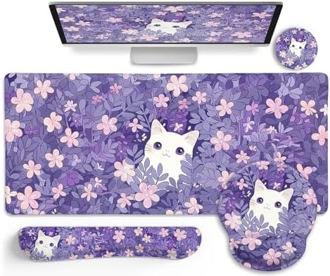 LIMKRIAN Purple Mouse Pad Large Desk Mat Set, Kawaii Cat Gaming Mousepad