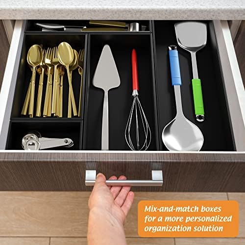 Black Bamboo Drawer Organizer - Silverware&Utensil Holder Organizer for Kitchen Drawers, Multi-Use Drawer Dividers Boxes for Bathroom Counter，Cabinet, Garage, Office Desk, Makeup, Jewelry (9"6"2.5")