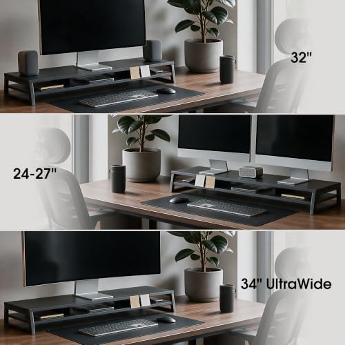 Fenge Dual Monitor Riser for Desk, Open Shelf with 3 Storage Compartments