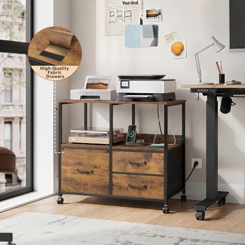 DEVAISE 3 Drawer Mobile File Cabinet, Fabric Filing Cabinet, Rustic Brown